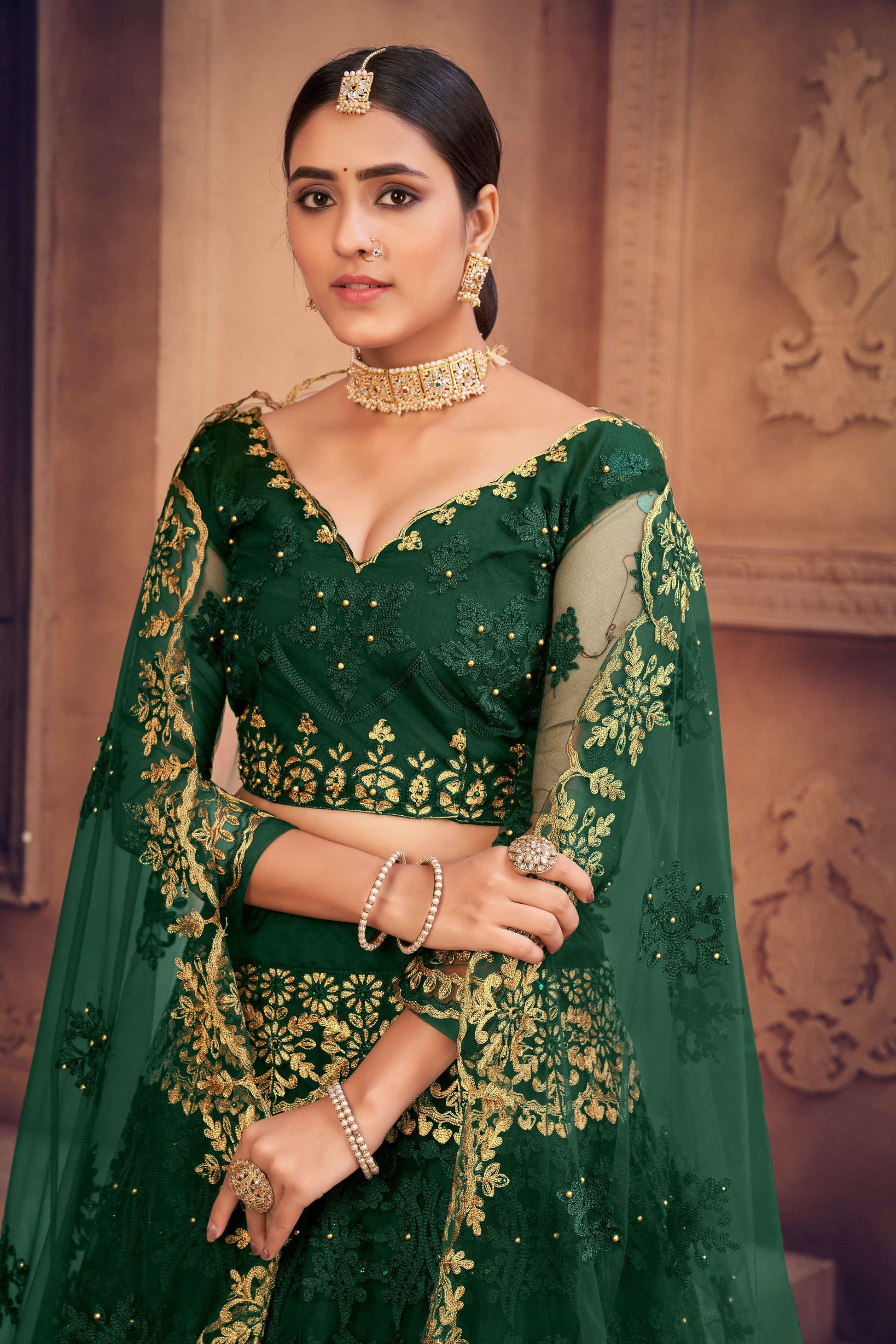 Jyoti Fashion Women's Dark Green Net Thread Embroidered Designer Lehenga Choli Set