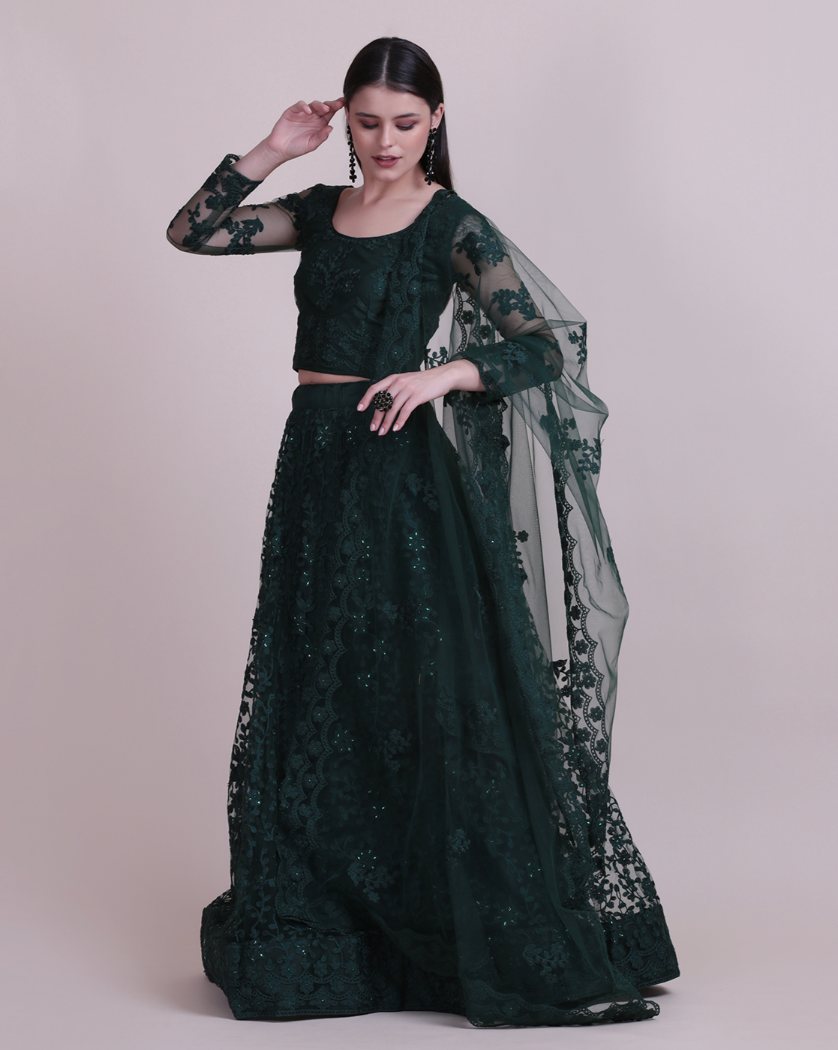 Jyoti Fashion Women's Dark Green Net Thread Embroidered Designer Lehenga Choli Set