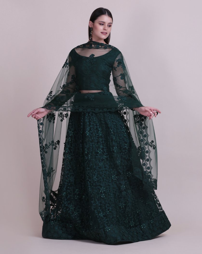 Jyoti Fashion Women's Dark Green Net Thread Embroidered Designer Lehenga Choli Set