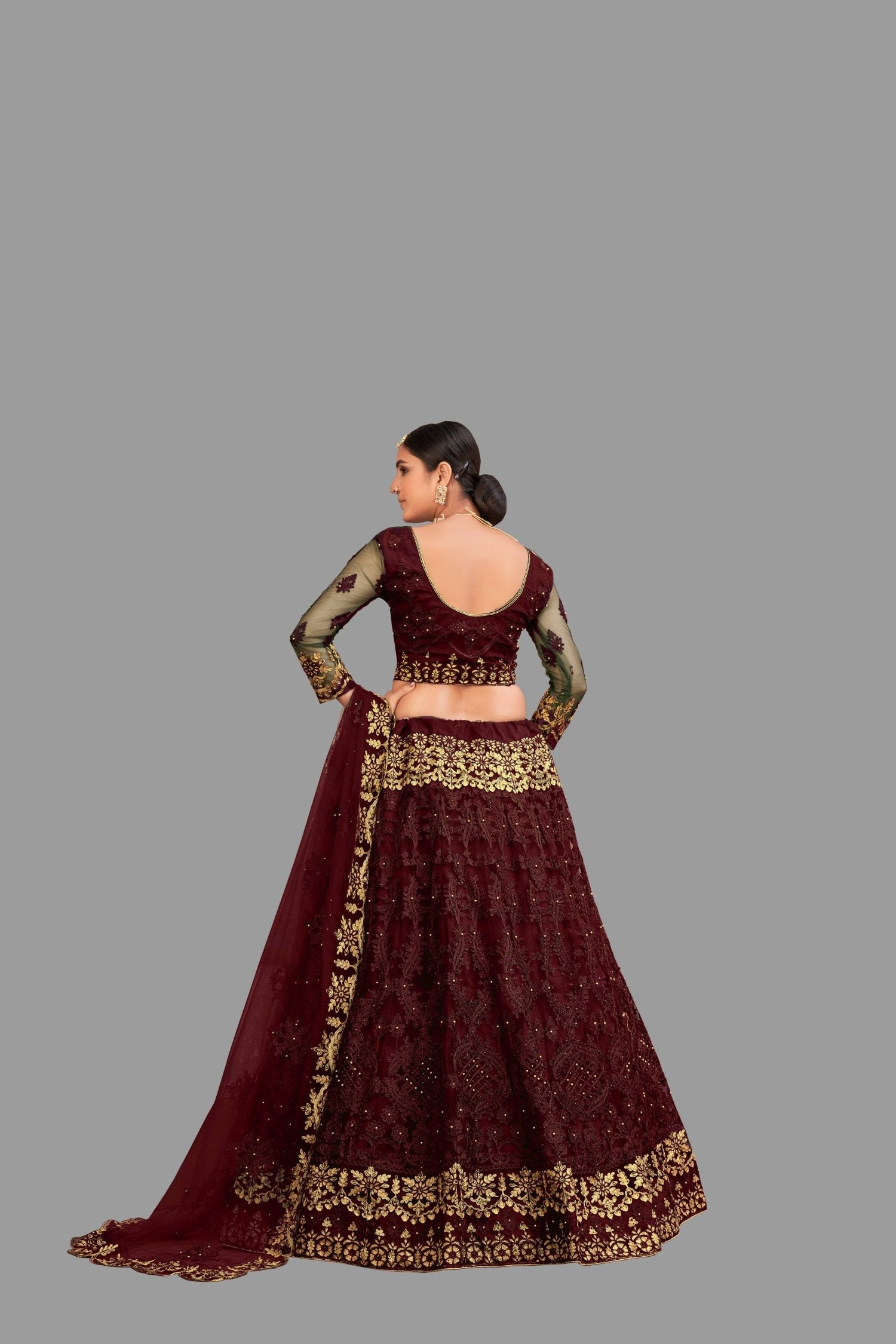 Jyoti Fashion Women's Maroon Net Thread Embroidered Designer Lehenga Choli Set