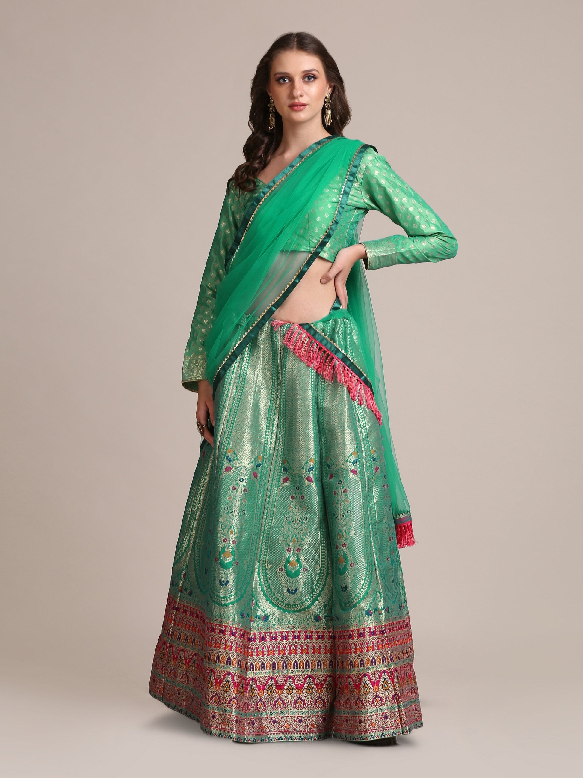 Jyoti Fashion Women's Sea Green Jacquard Silk Gold Woven Work Lehenga Choli with Dupatta