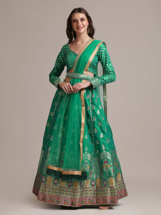 Jyoti Fashion Women's Rama Jacquard Silk Gold Woven Work Lehenga Choli with Dupatta