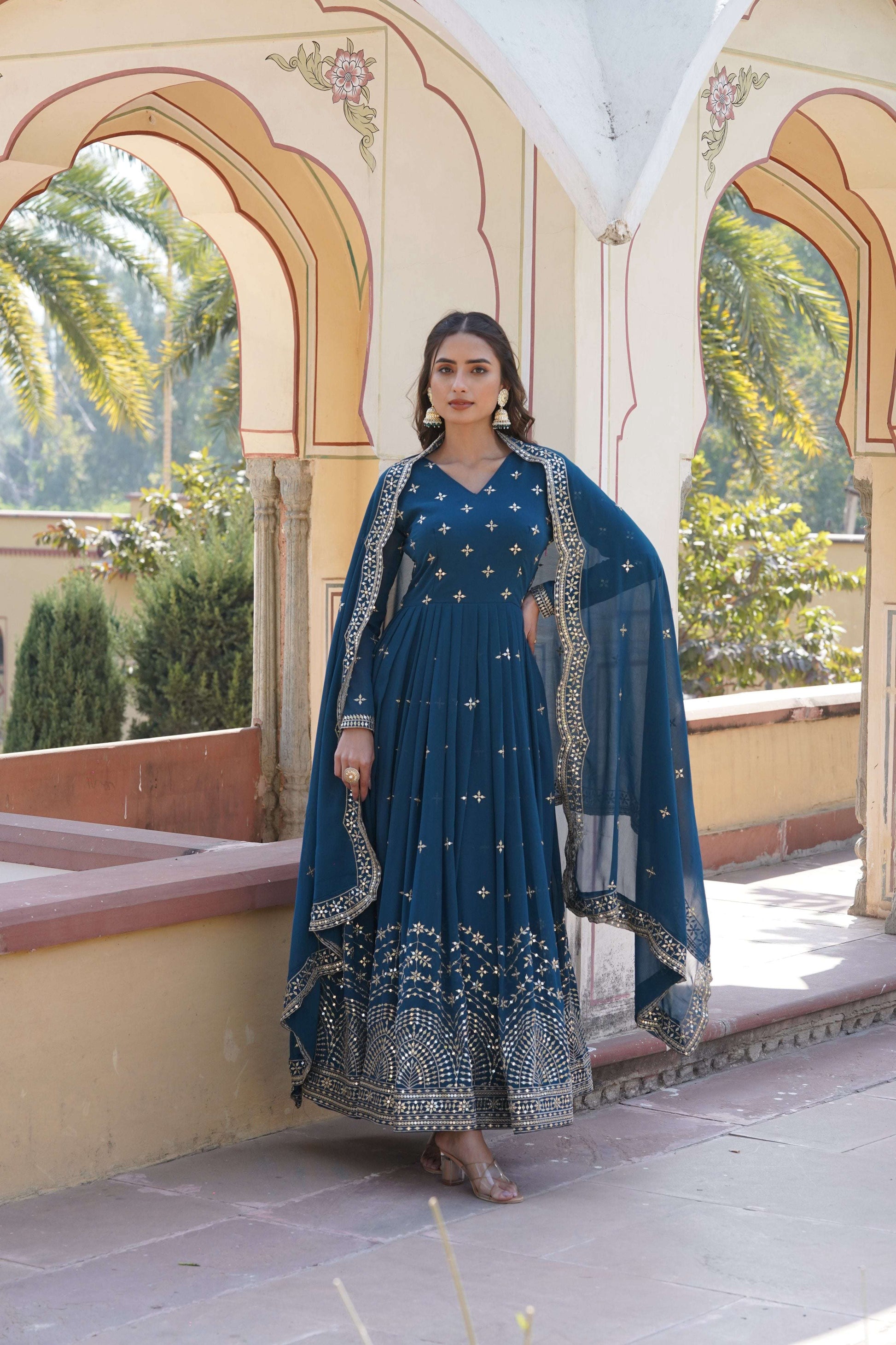Jyoti Fashion Women's Rama Faux Georgette Sequins with Zari Embroidered Anarkali Kurta with Dupatta | Swadesiicart