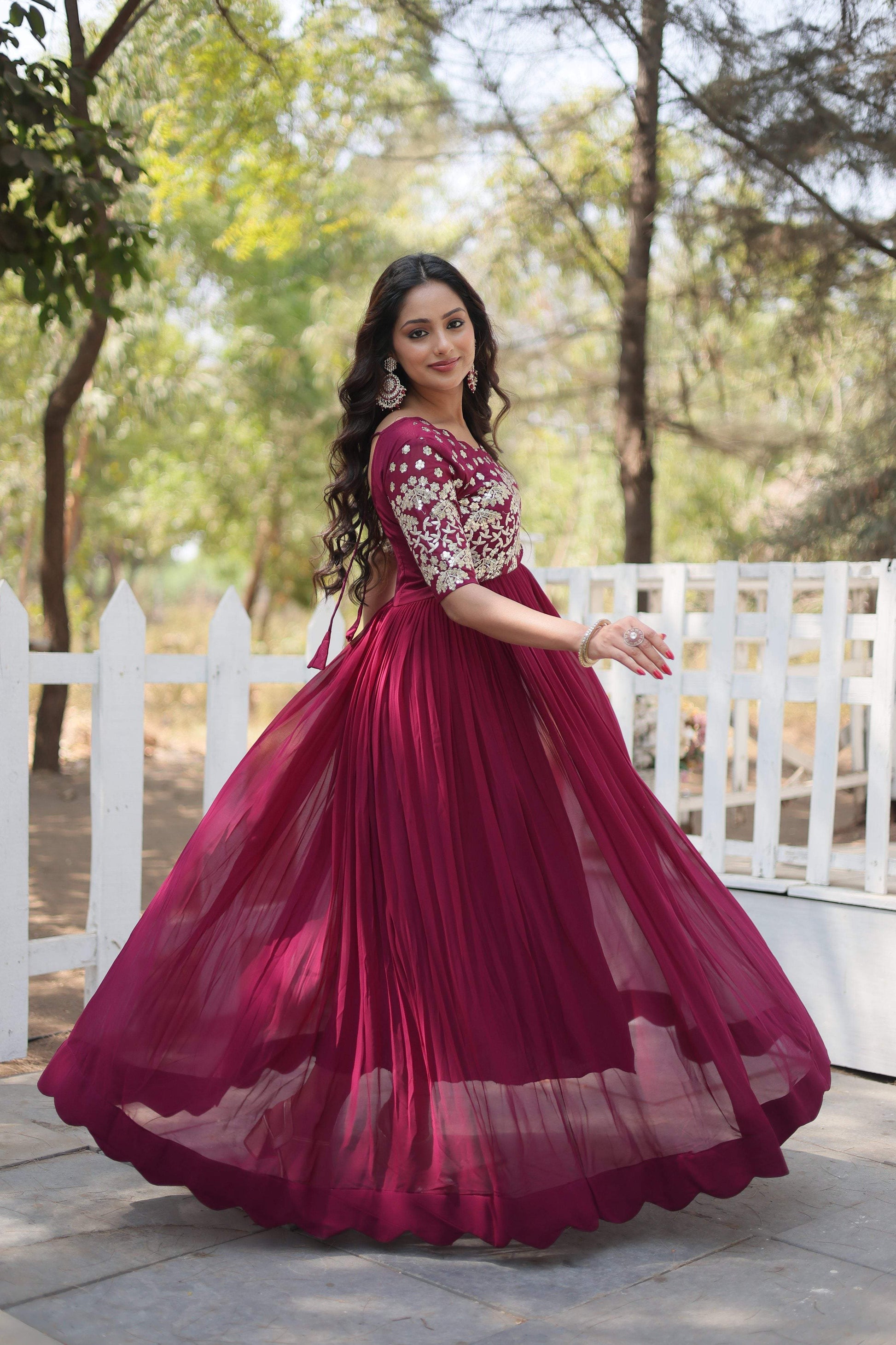 Jyoti Fashion Women's Wine Faux Blooming Sequins with Zari Embroidered Long Anarkali Dress