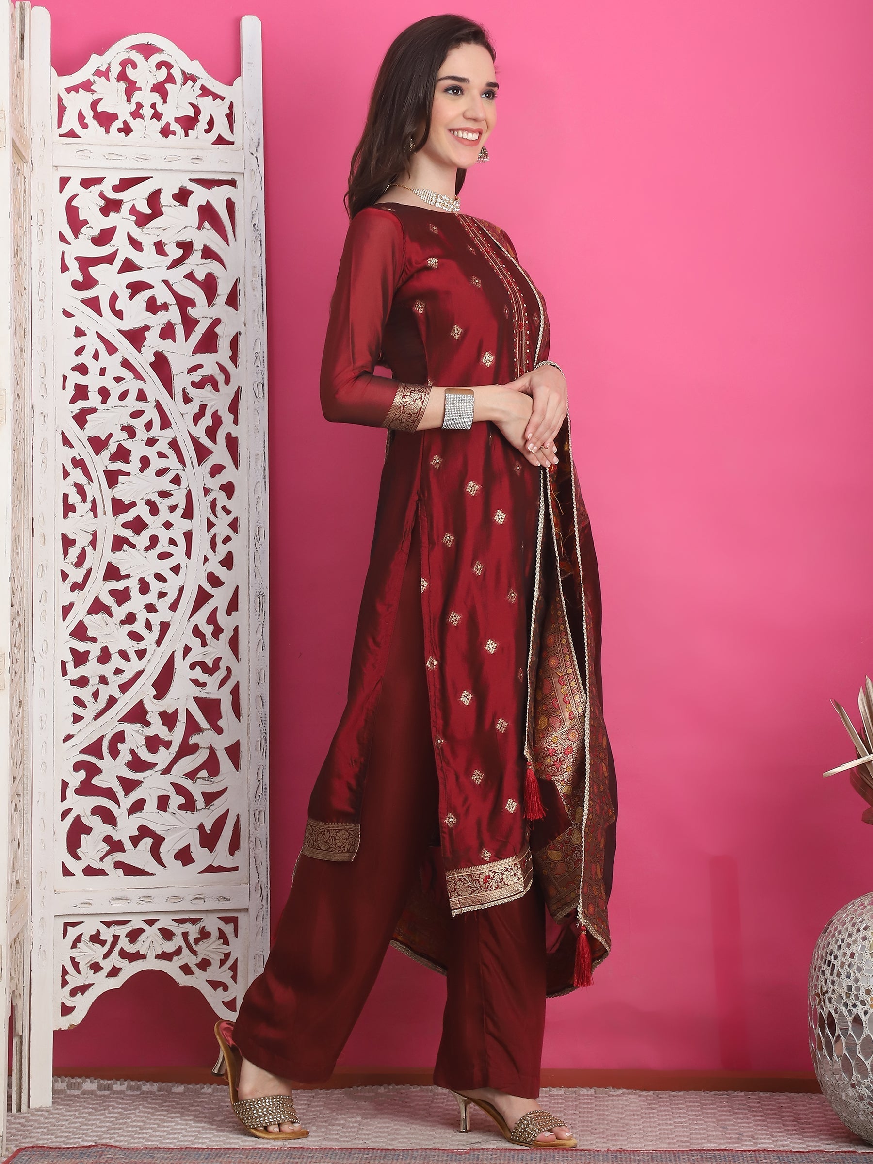 Jyoti Fashion Women's Maroon Silk Jacquard Woven with Zari Work Salwar Suit Set | Swadesiicart
