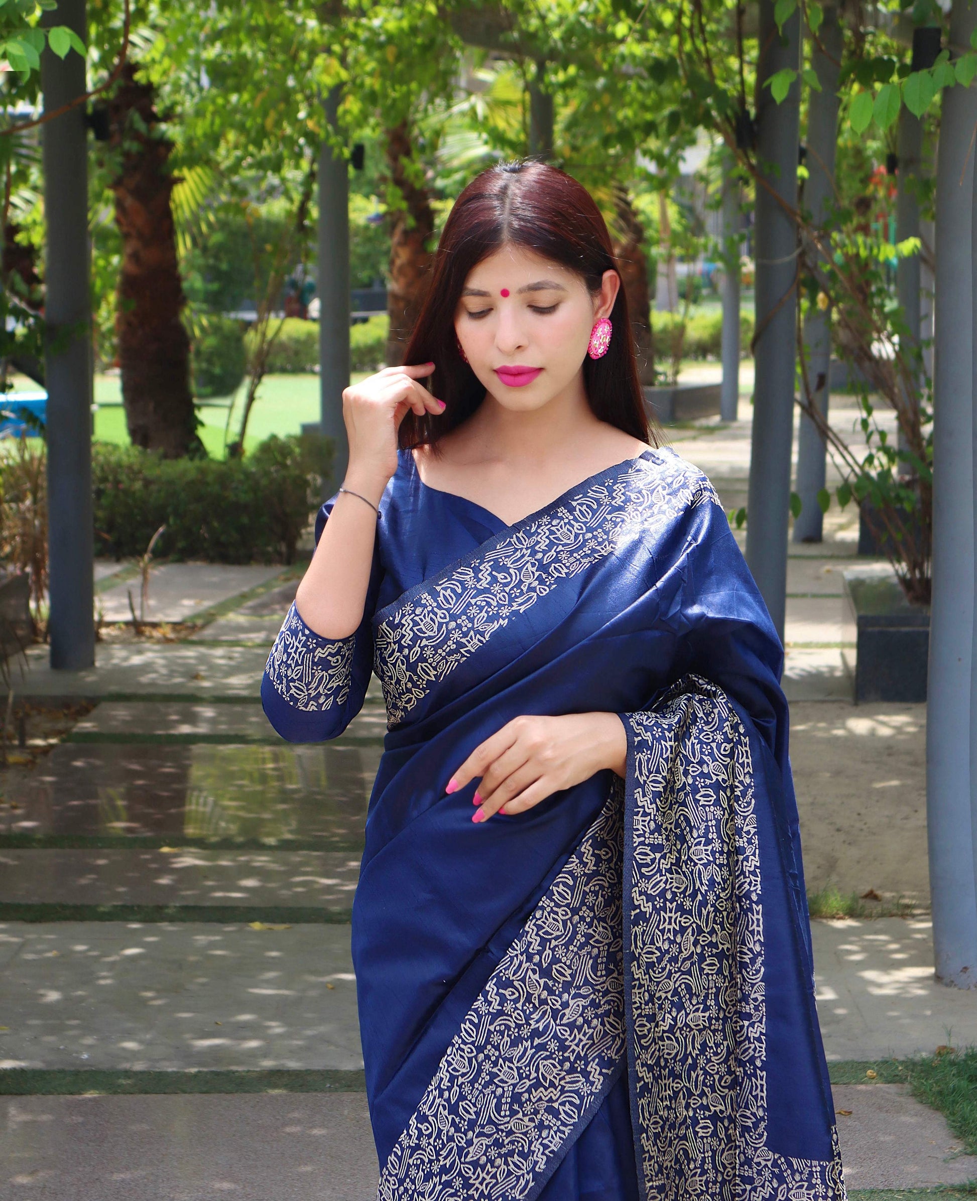 Jyoti Fashion Women's Blue Handloom Raw Silk Printed Border Traditional Saree with Blouse | Swadesiicart