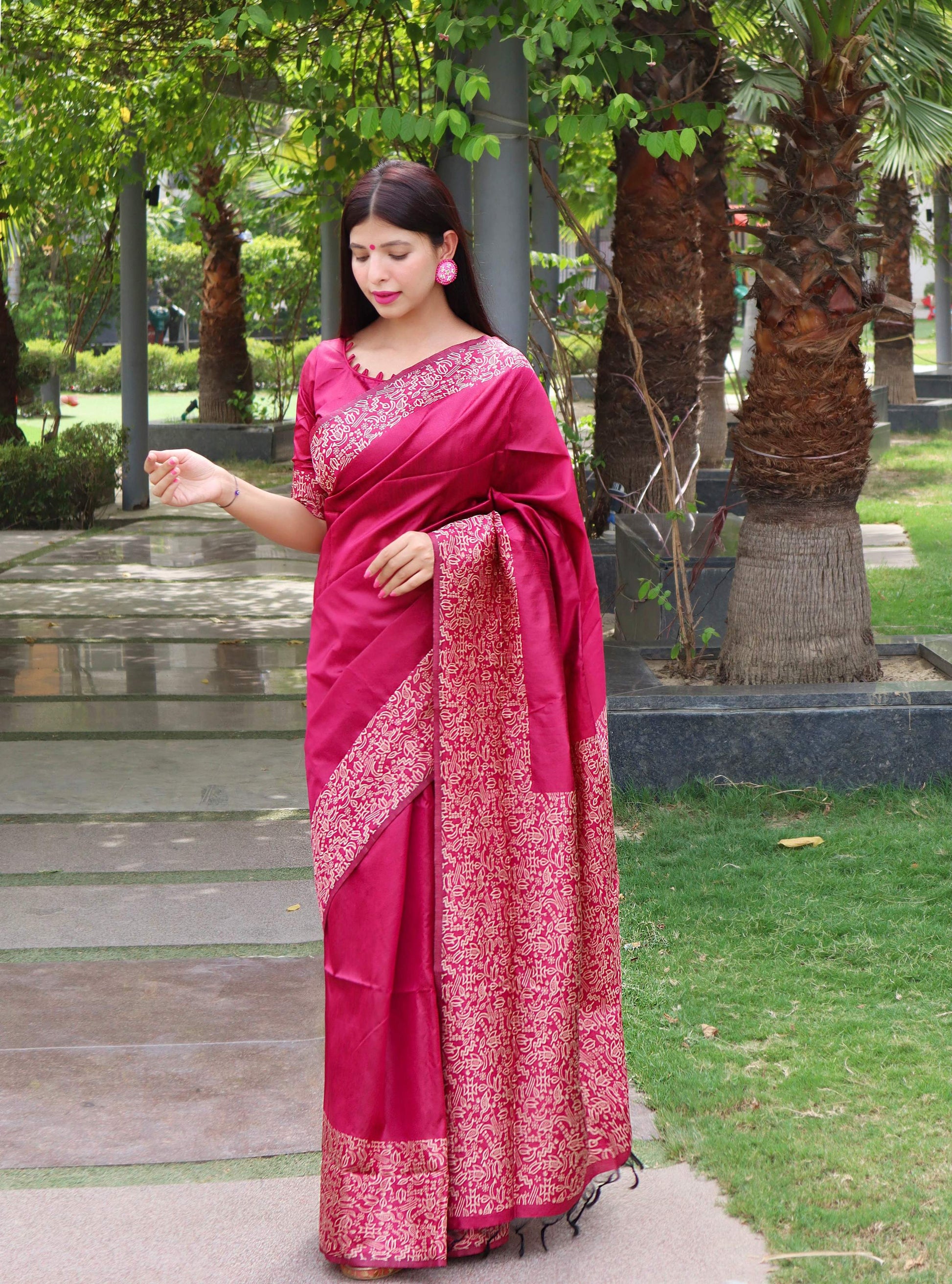 Jyoti Fashion Women's Pink Handloom Raw Silk Printed Border Traditional Saree with Blouse | Swadesiicart