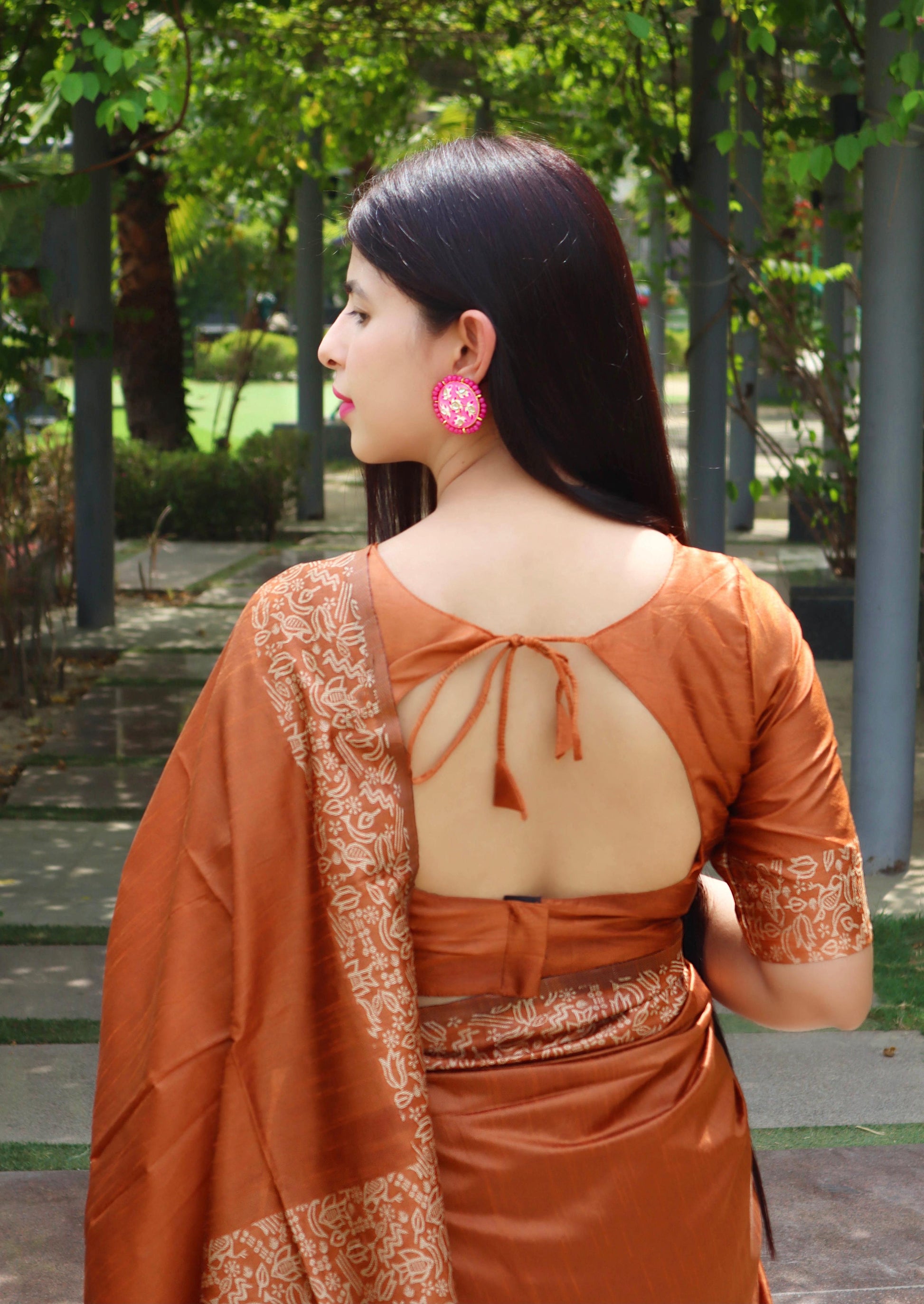 Jyoti Fashion Women's Orange Handloom Raw Silk Printed Border Traditional Saree with Blouse | Swadesiicart
