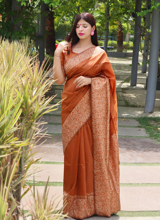 Jyoti Fashion Women's Orange Handloom Raw Silk Printed Border Traditional Saree with Blouse | Swadesiicart