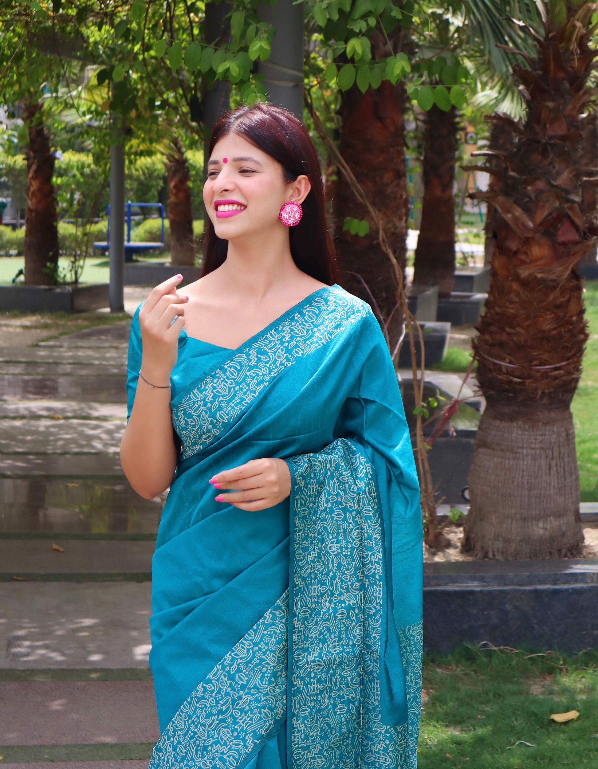 Jyoti Fashion Women's Firozi Handloom Raw Silk Printed Border Traditional Saree with Blouse | Swadesiicart