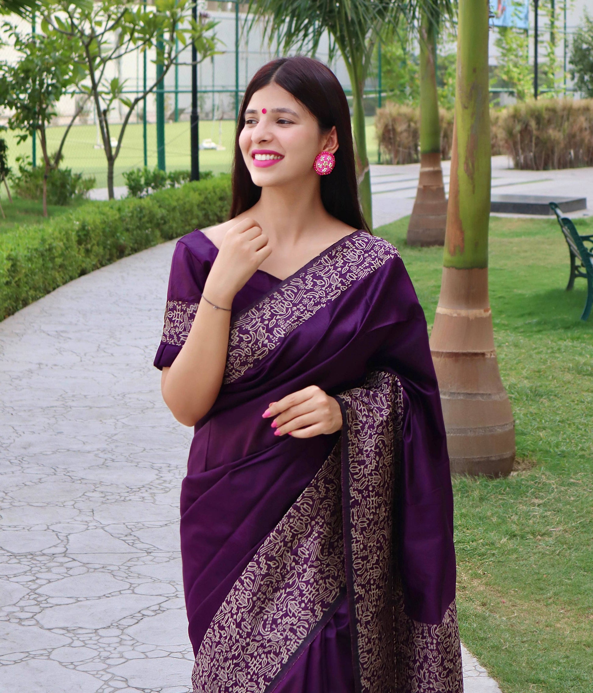 Jyoti Fashion Women's Purple Handloom Raw Silk Printed Border Traditional Saree with Blouse | Swadesiicart