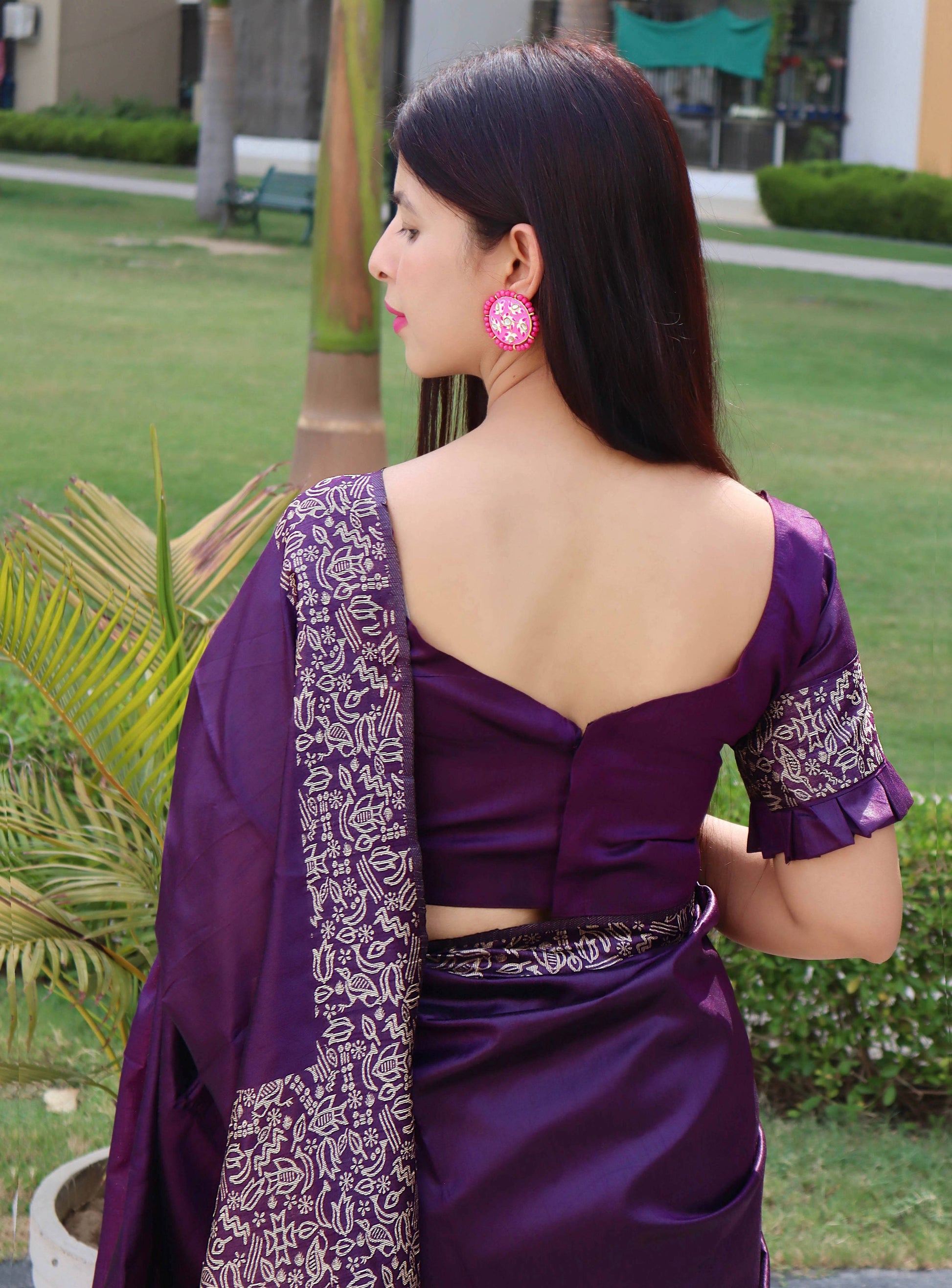 Jyoti Fashion Women's Purple Handloom Raw Silk Printed Border Traditional Saree with Blouse | Swadesiicart