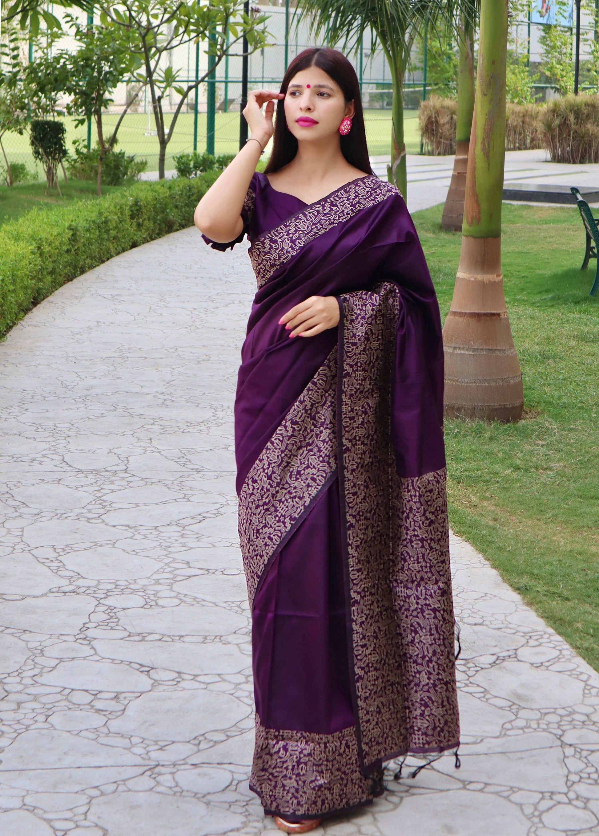 Jyoti Fashion Women's Purple Handloom Raw Silk Printed Border Traditional Saree with Blouse | Swadesiicart