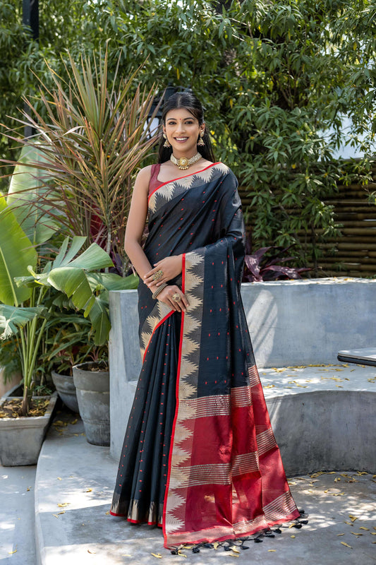 Jyoti Fashion Women's Black Tussar Silk Temple Border with Zari Lining Traditional Saree with Blouse | Swadesiicart