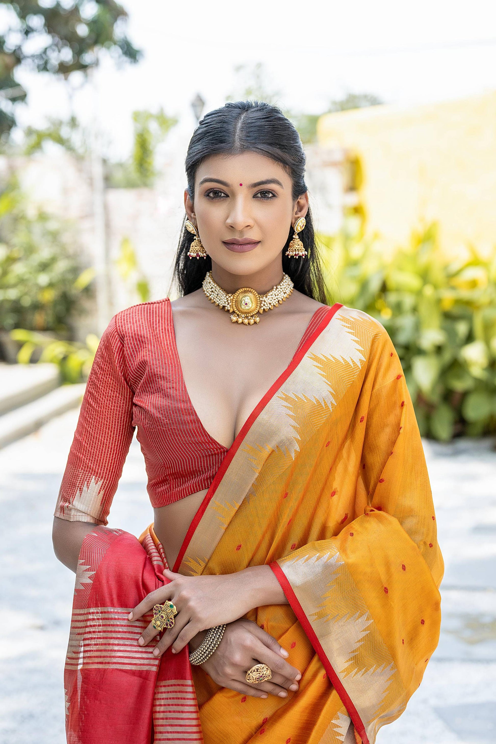 Jyoti Fashion Women's Mustard Tussar Silk Temple Border with Zari Lining Traditional Saree with Blouse | Swadesiicart