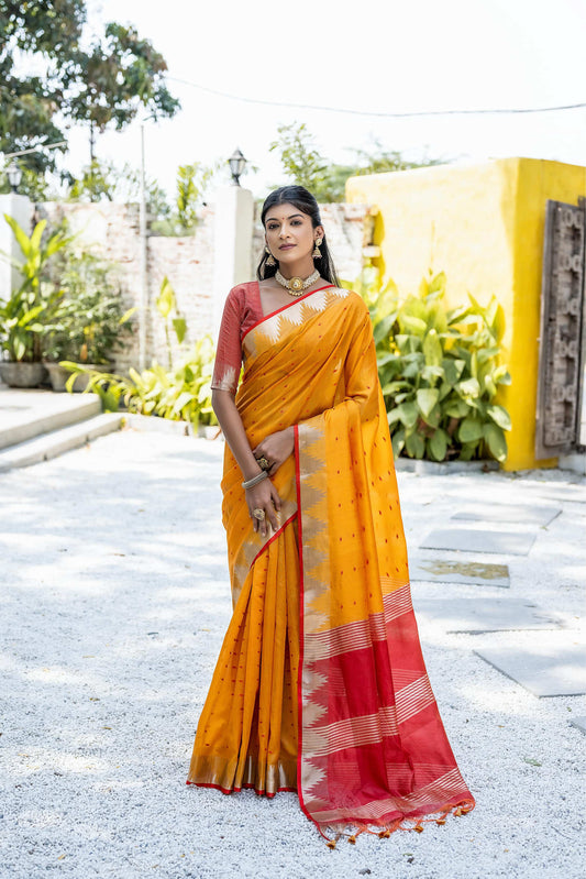 Jyoti Fashion Women's Mustard Tussar Silk Temple Border with Zari Lining Traditional Saree with Blouse | Swadesiicart