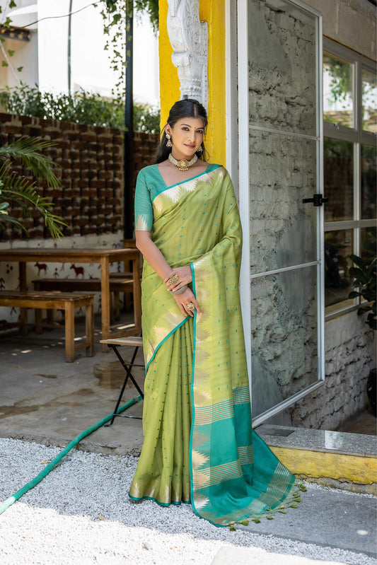 Jyoti Fashion Women's Green Tussar Silk Temple Border with Zari Lining Traditional Saree with Blouse | Swadesiicart