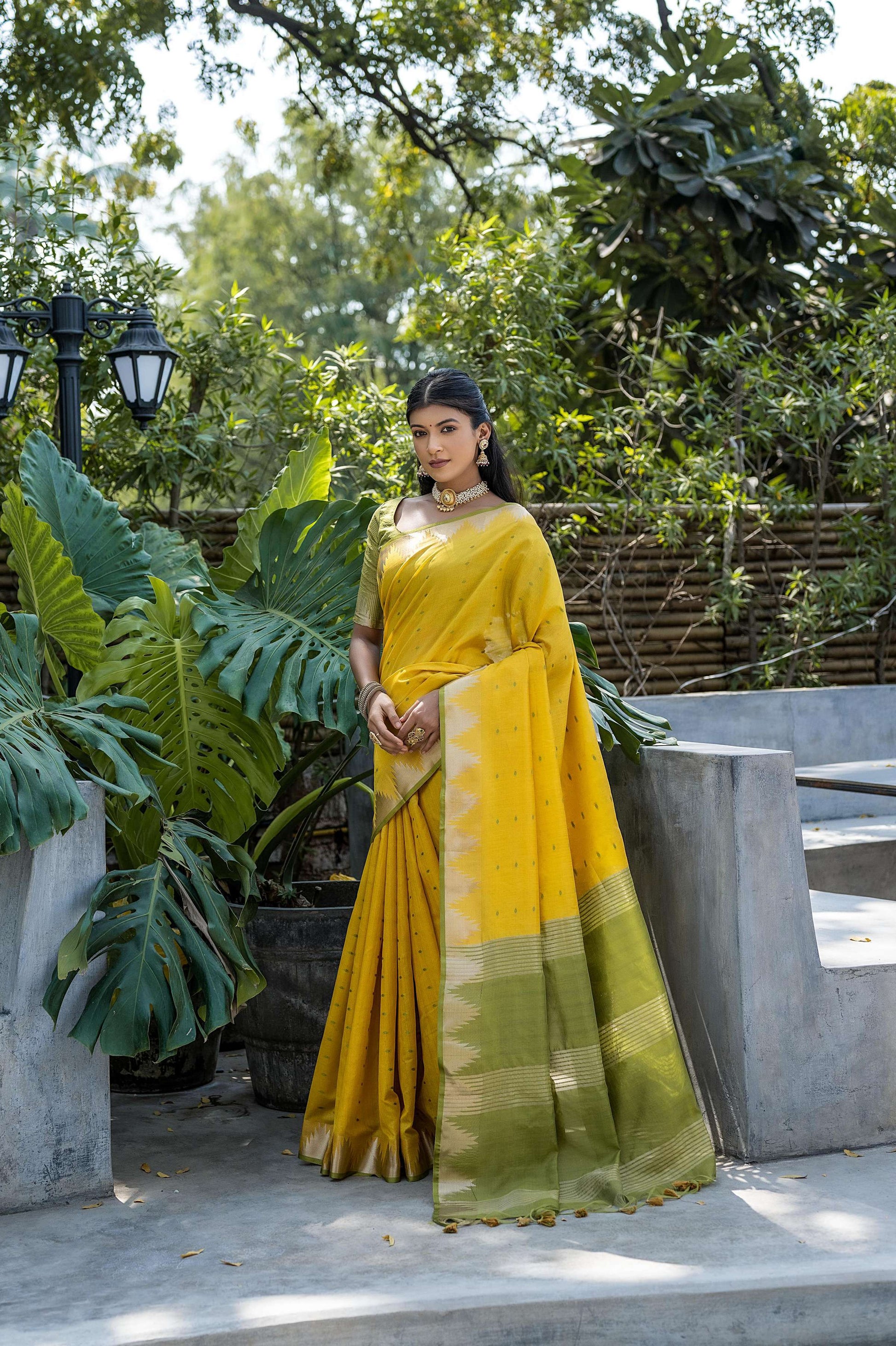 Jyoti Fashion Women's Yellow Tussar Silk Temple Border with Zari Lining Traditional Saree with Blouse | Swadesiicart