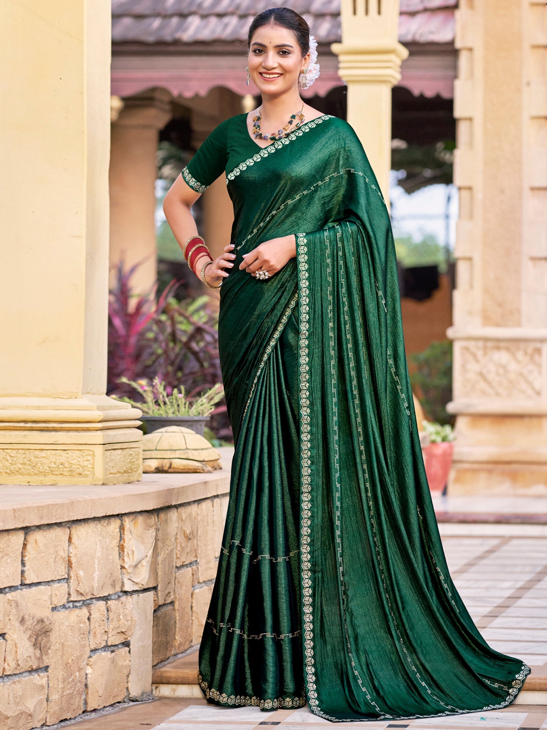 Jyoti Fashion Women's Green Shimmer Chiffon Embellished Border with Crystal Lines Saree with Blouse | Swadesiicart