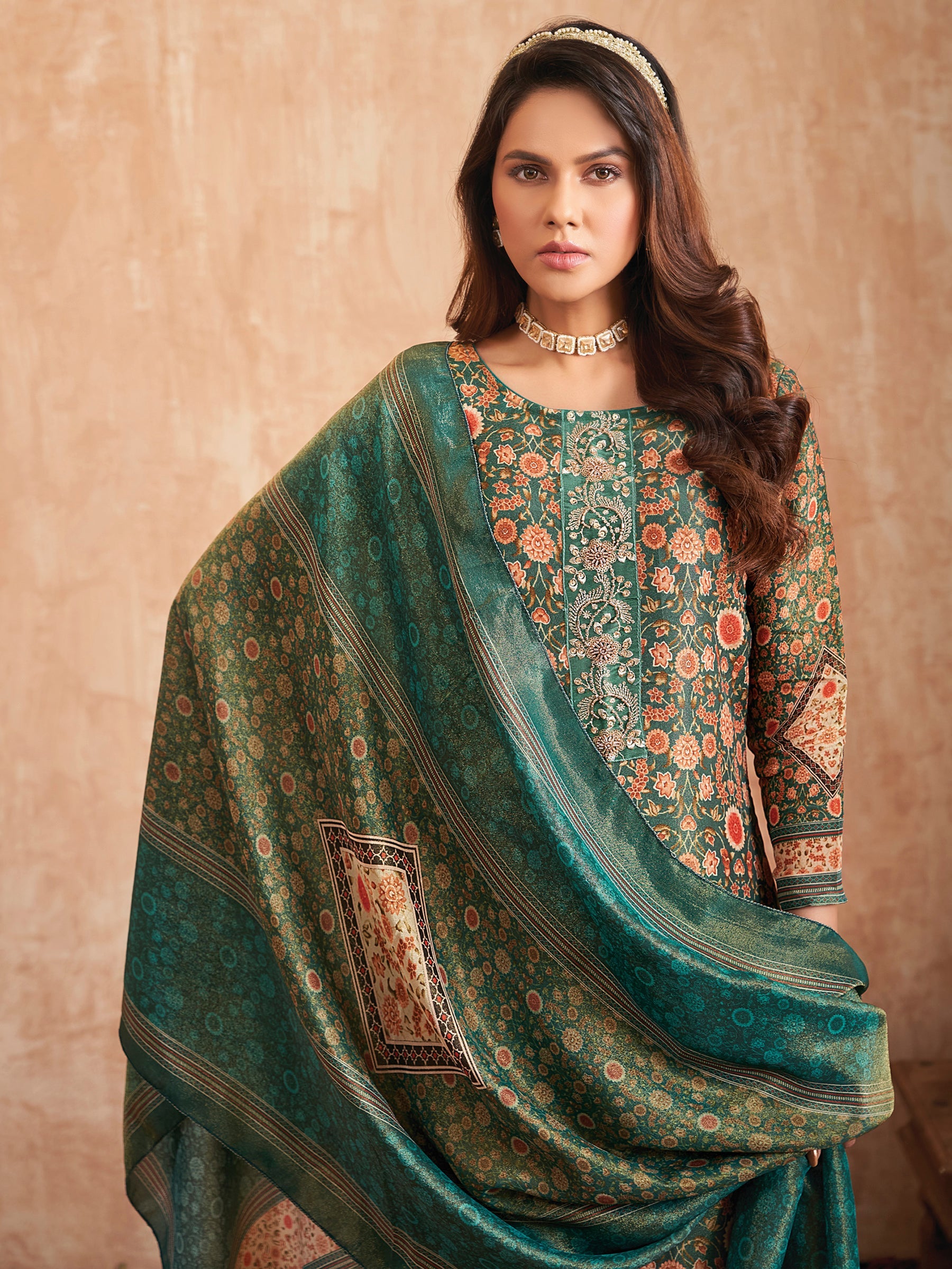 Jyoti Fashion Women's Green Pure Tissue Shimmer Floral Digital Print With Zardoshi Hand Work Salwar Suit Set