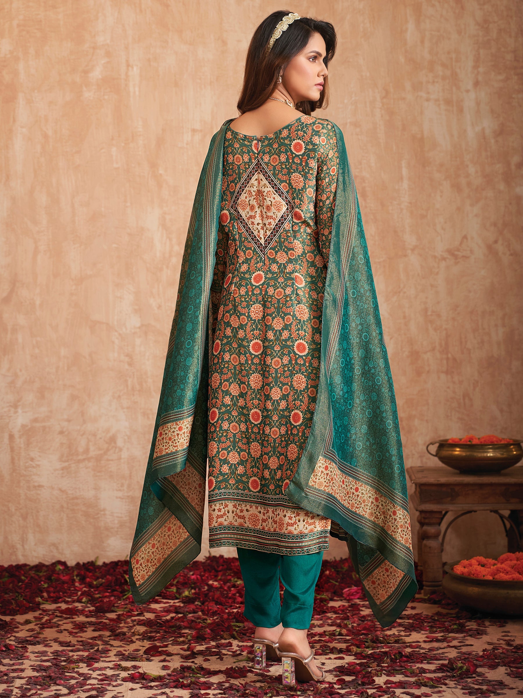 Jyoti Fashion Women's Green Pure Tissue Shimmer Floral Digital Print With Zardoshi Hand Work Salwar Suit Set