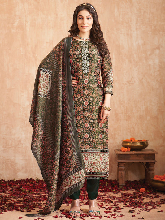 Jyoti Fashion Women's Green Pure Tissue Shimmer Floral Digital Print With Zardoshi Hand Work Salwar Suit Set | Swadesiicart