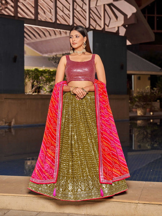 Jyoti Fashion Women's Olive Georgette Zari & Heavy Sequin Embroidery Lehenga Choli & Dupatta | Swadesiicart