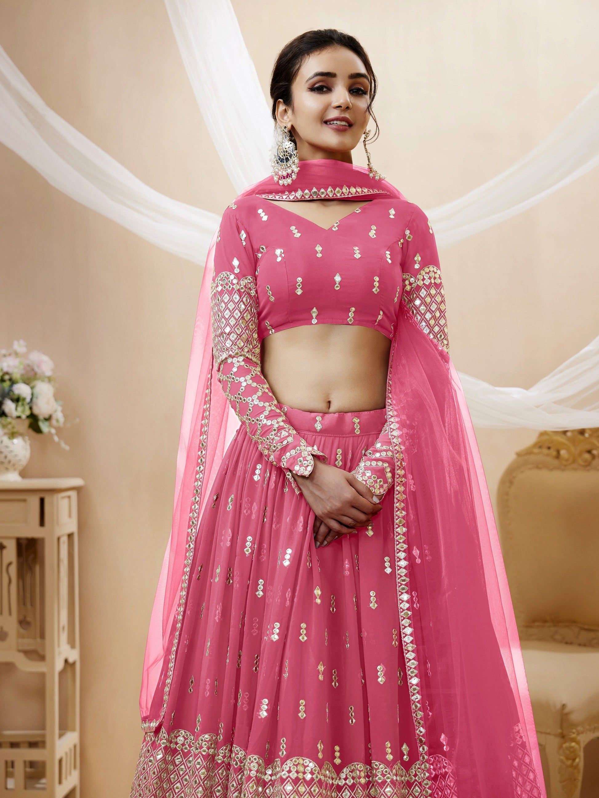 Jyoti Fashion Women's Pink Georgette Sequins Zari Embroidered Lehenga Choli & Dupatta | Swadesiicart