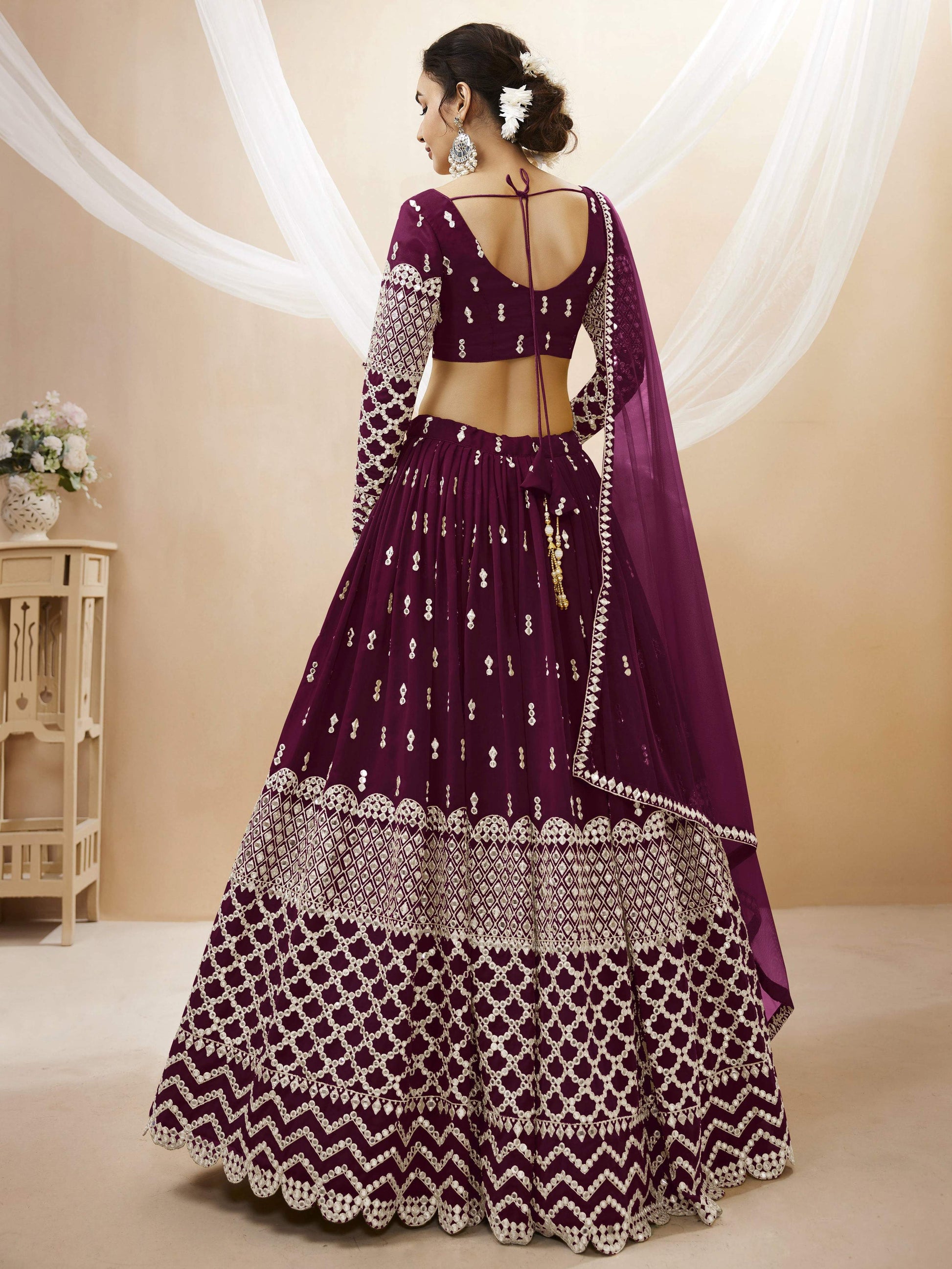 Jyoti Fashion Women's Wine Georgette Sequins Zari Embroidered Lehenga Choli & Dupatta | Swadesiicart