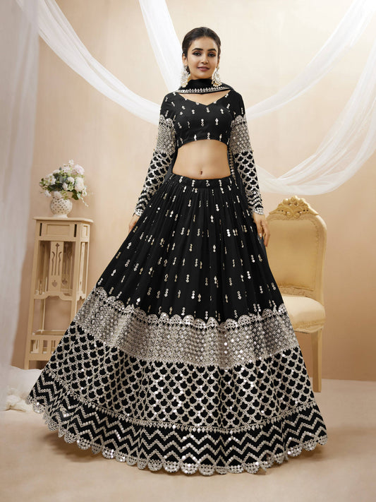 Jyoti Fashion Women's Black Georgette Sequins Zari Embroidered Lehenga Choli & Dupatta | Swadesiicart