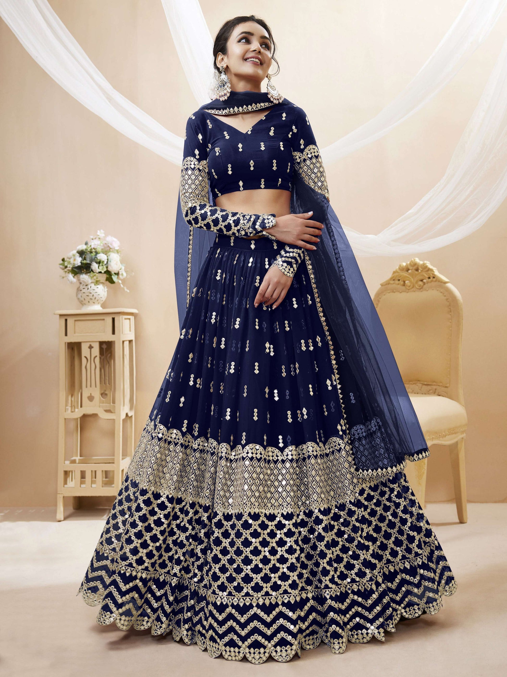 Jyoti Fashion Women's Navy Blue Georgette Sequins Zari Embroidered Lehenga Choli & Dupatta | Swadesiicart