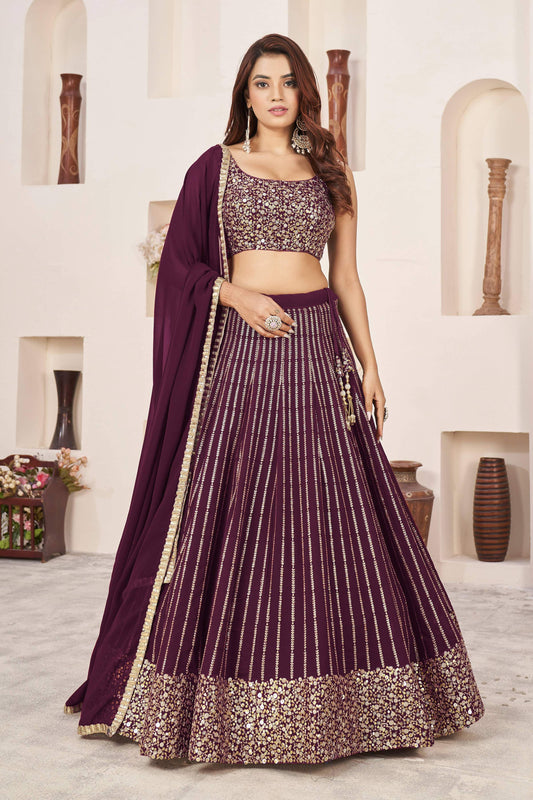 Jyoti Fashion Women's Wine Georgette Sequins Zari Embroidered Lehenga Choli & Dupatta | Swadesiicart