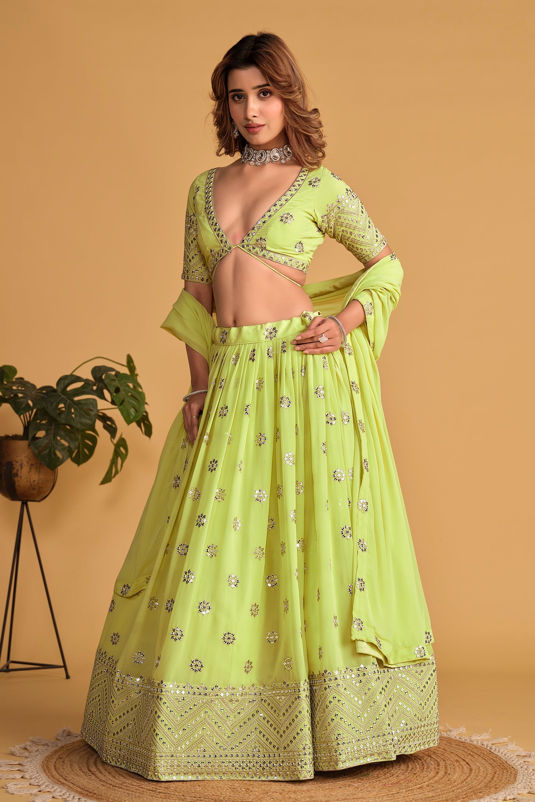 Jyoti Fashion Women's Neon Georgette Sequins Zari Embroidered Lehenga Choli & Dupatta | Swadesiicart