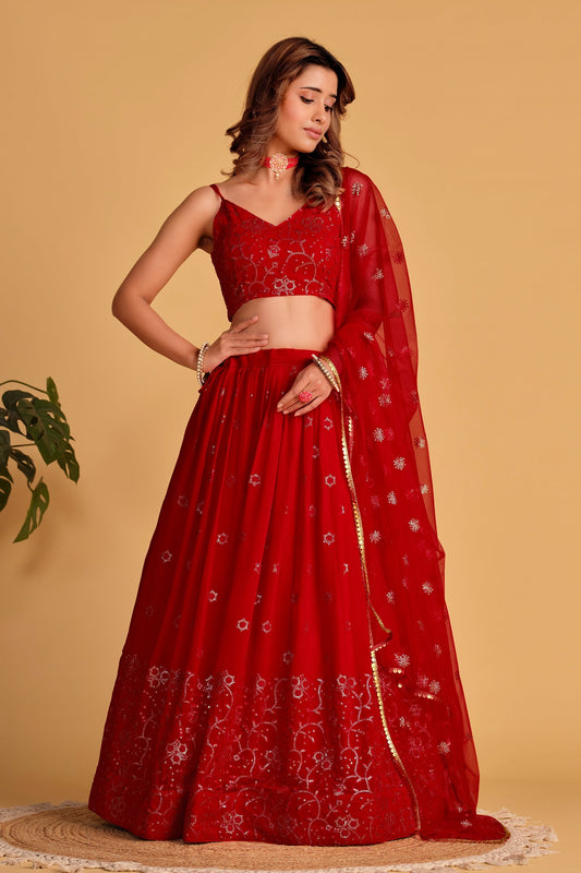Jyoti Fashion Women's Red Georgette Sequins Thread Embroidered Lehenga Choli & Dupatta | Swadesiicart