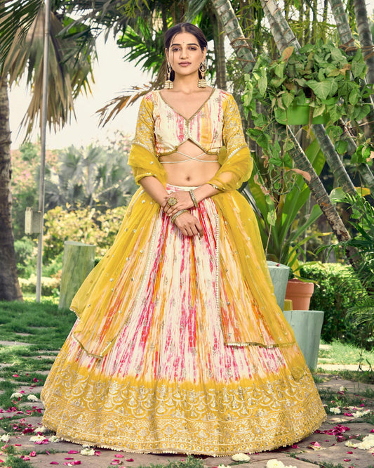 Jyoti Fashion Women's Yellow Chinon Digital Print with Sequins Zari Embroidered Lehenga Choli & Dupatta | Swadesiicart