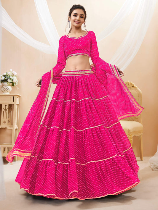 Jyoti Fashion Women's Pink Georgette Leheriya Printed with Lace Work Lehenga Choli & Dupatta | Swadesiicart