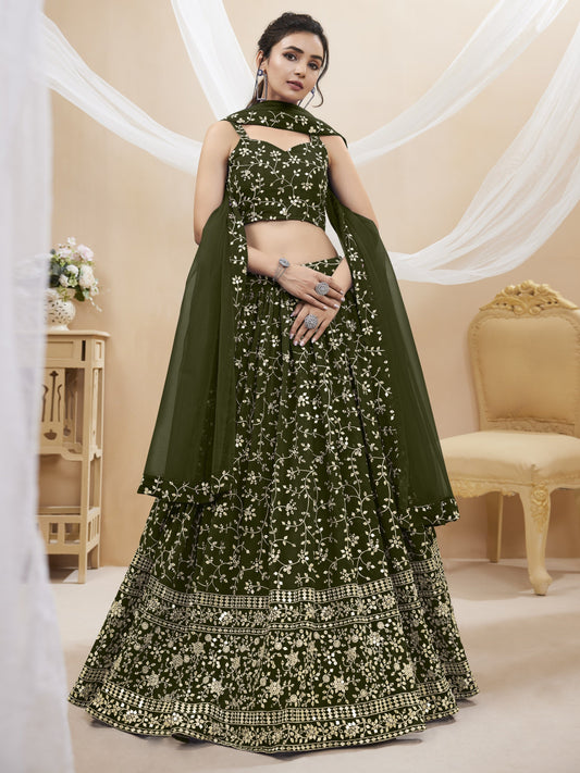 Jyoti Fashion Women's Green Georgette Sequins Zari Embroidered Lehenga Choli & Dupatta | Swadesiicart