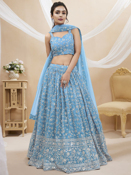 Jyoti Fashion Women's Sky Blue Georgette Sequins Zari Embroidered Lehenga Choli & Dupatta | Swadesiicart