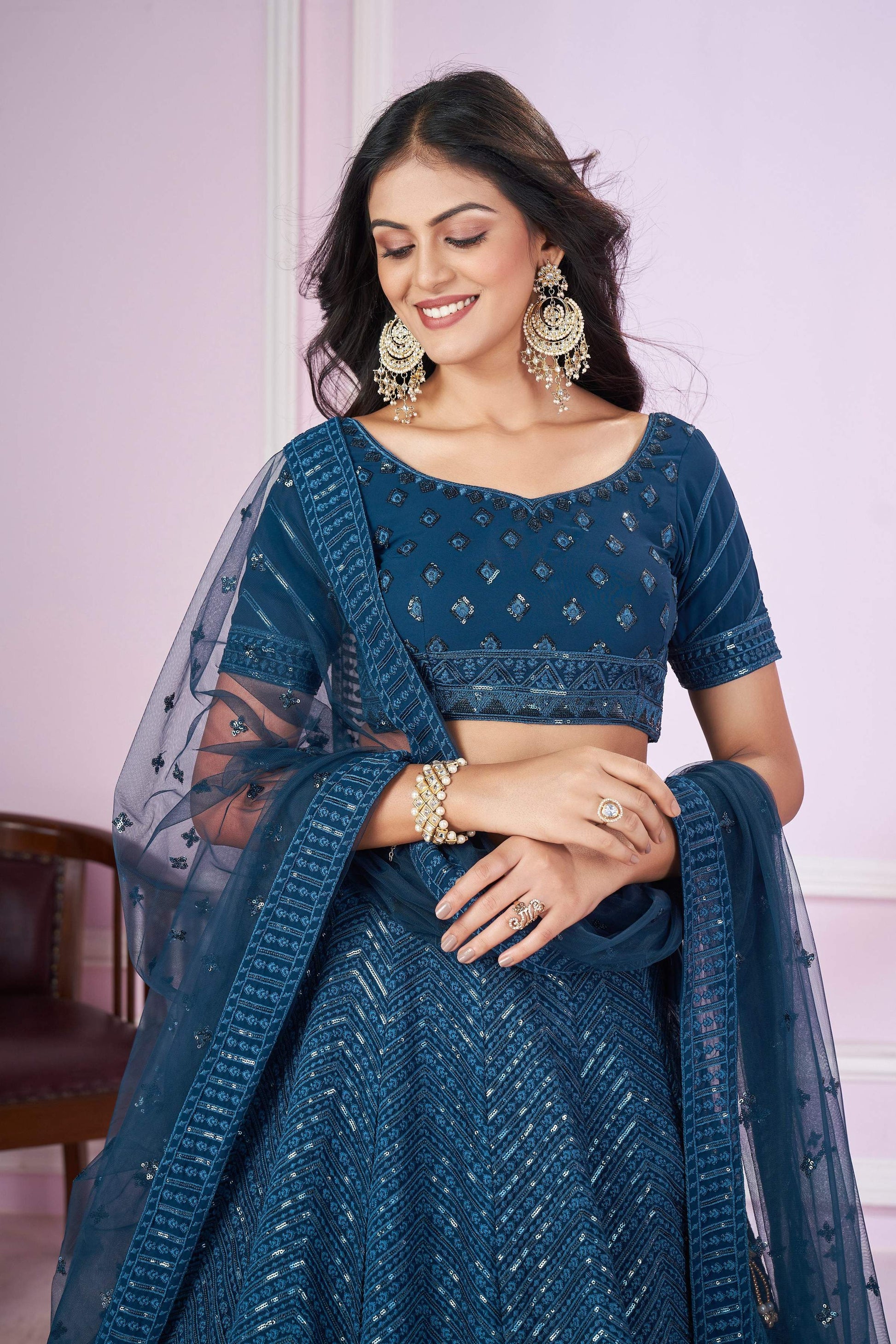 Jyoti Fashion Women's Teal Georgette Sequins Thread Embroidered Lehenga Choli & Dupatta | Swadesiicart