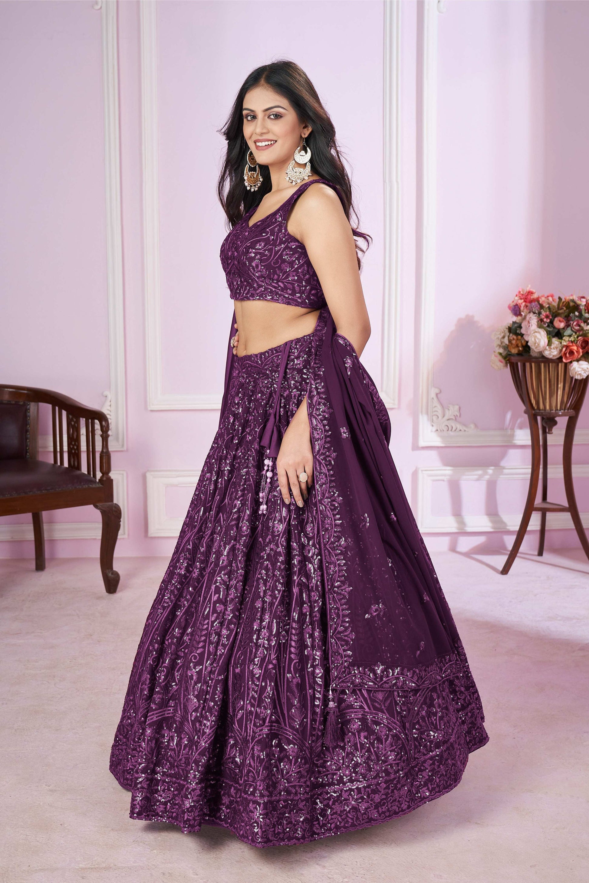 Jyoti Fashion Women's Purple Georgette Sequins Thread Embroidered Lehenga Choli & Dupatta | Swadesiicart