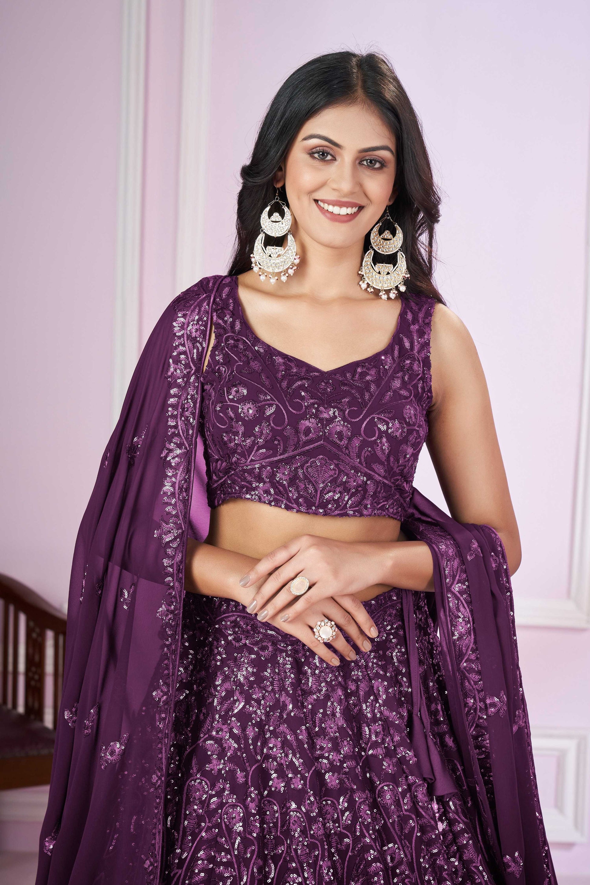 Jyoti Fashion Women's Purple Georgette Sequins Thread Embroidered Lehenga Choli & Dupatta | Swadesiicart