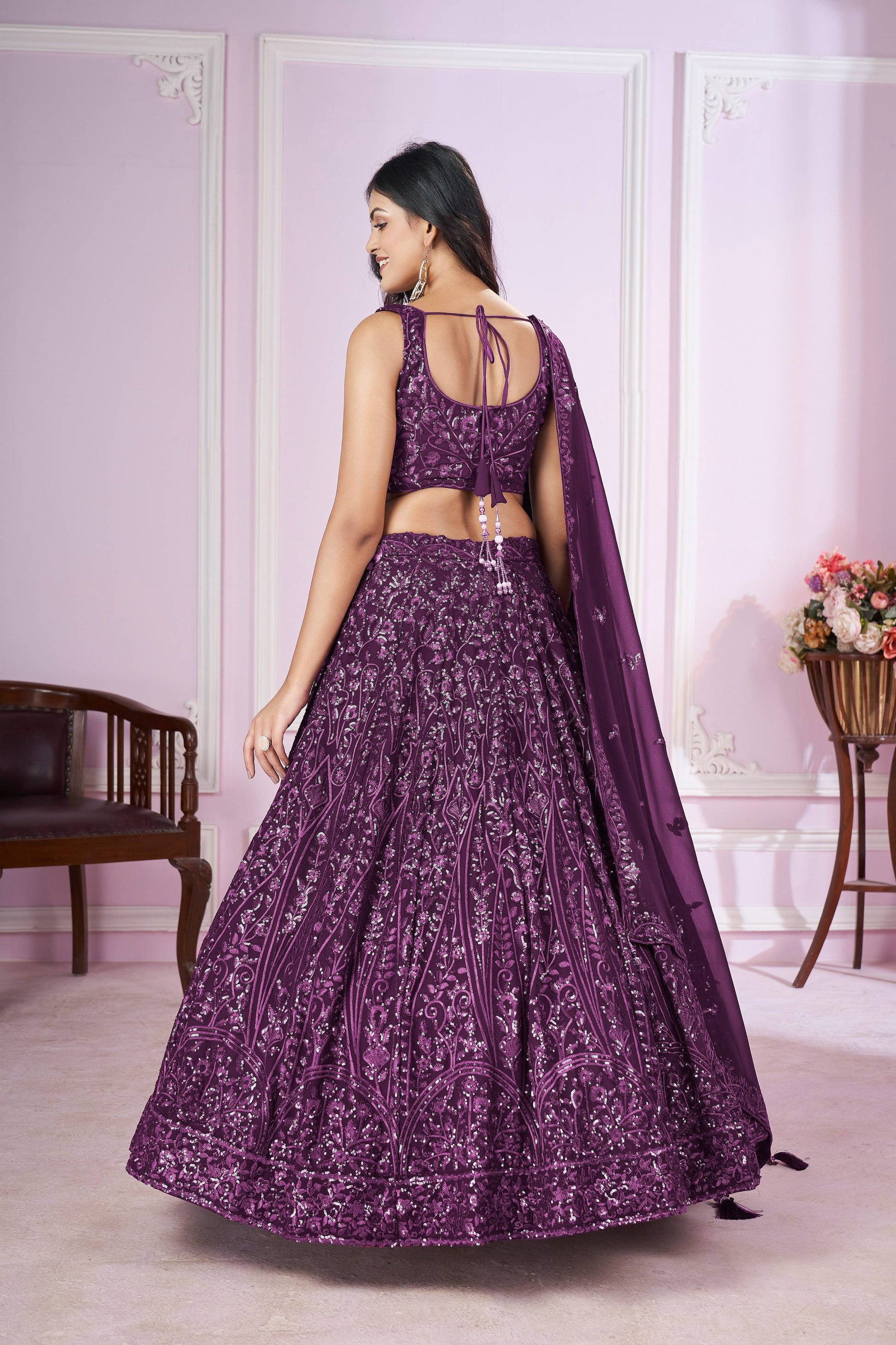 Jyoti Fashion Women's Purple Georgette Sequins Thread Embroidered Lehenga Choli & Dupatta | Swadesiicart