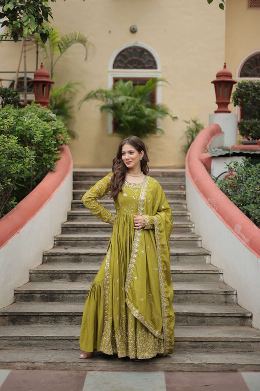 Jyoti Fashion Women's Mehendi Chinon Rich Sequins Embroidered Kurta Set with Dupatta | Swadesiicart
