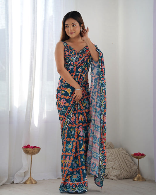 Jyoti Fashion Women's Teal Chinon Print with Mirror Work Designer Saree with Blouse | Swadesiicart