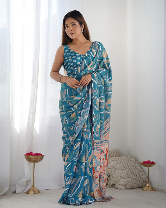 Jyoti Fashion Women's Blue Chinon Print with Mirror Work Designer Saree with Blouse | Swadesiicart