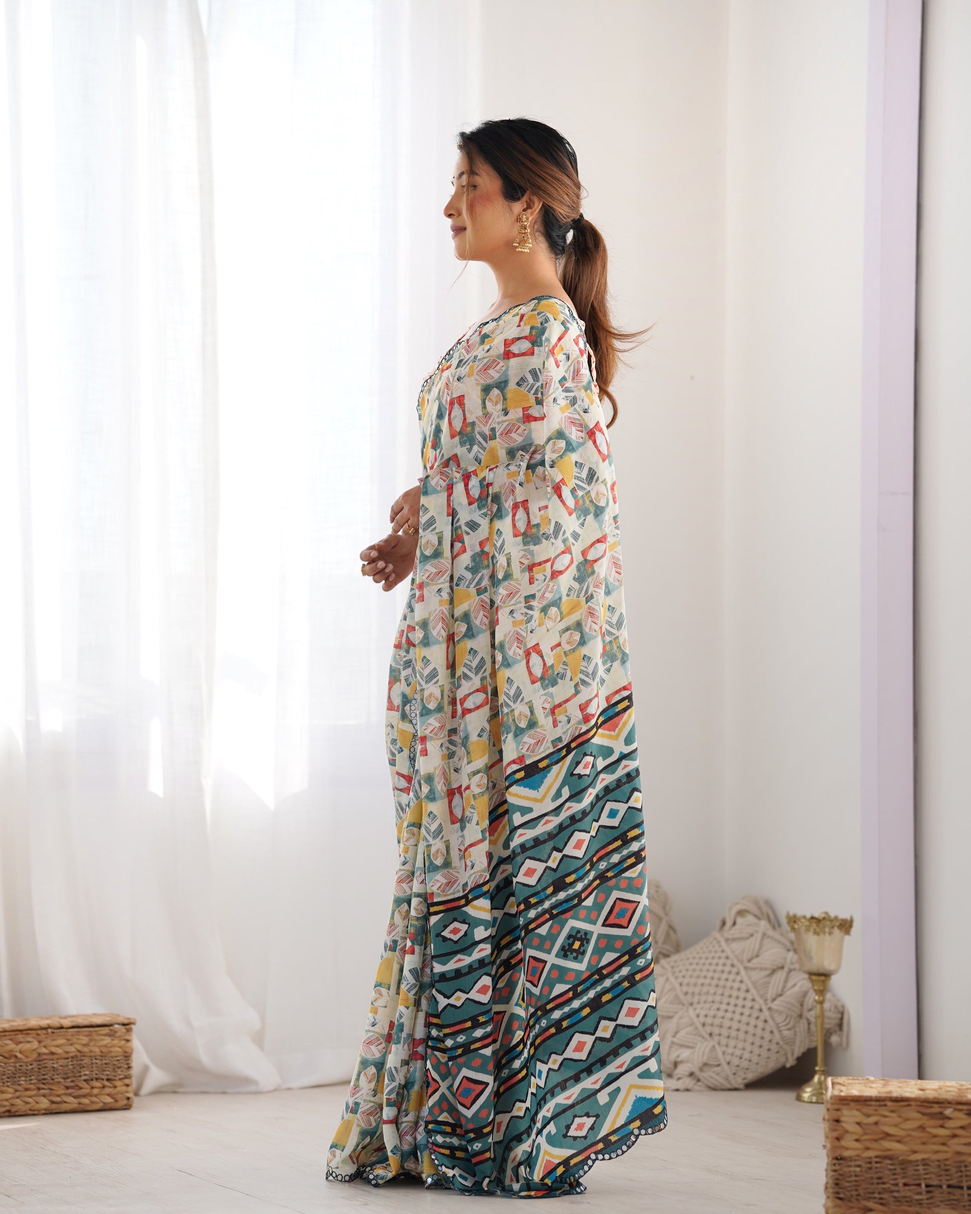 Jyoti Fashion Women's Multicolor Chinon Print with Mirror Work Designer Saree with Blouse | Swadesiicart