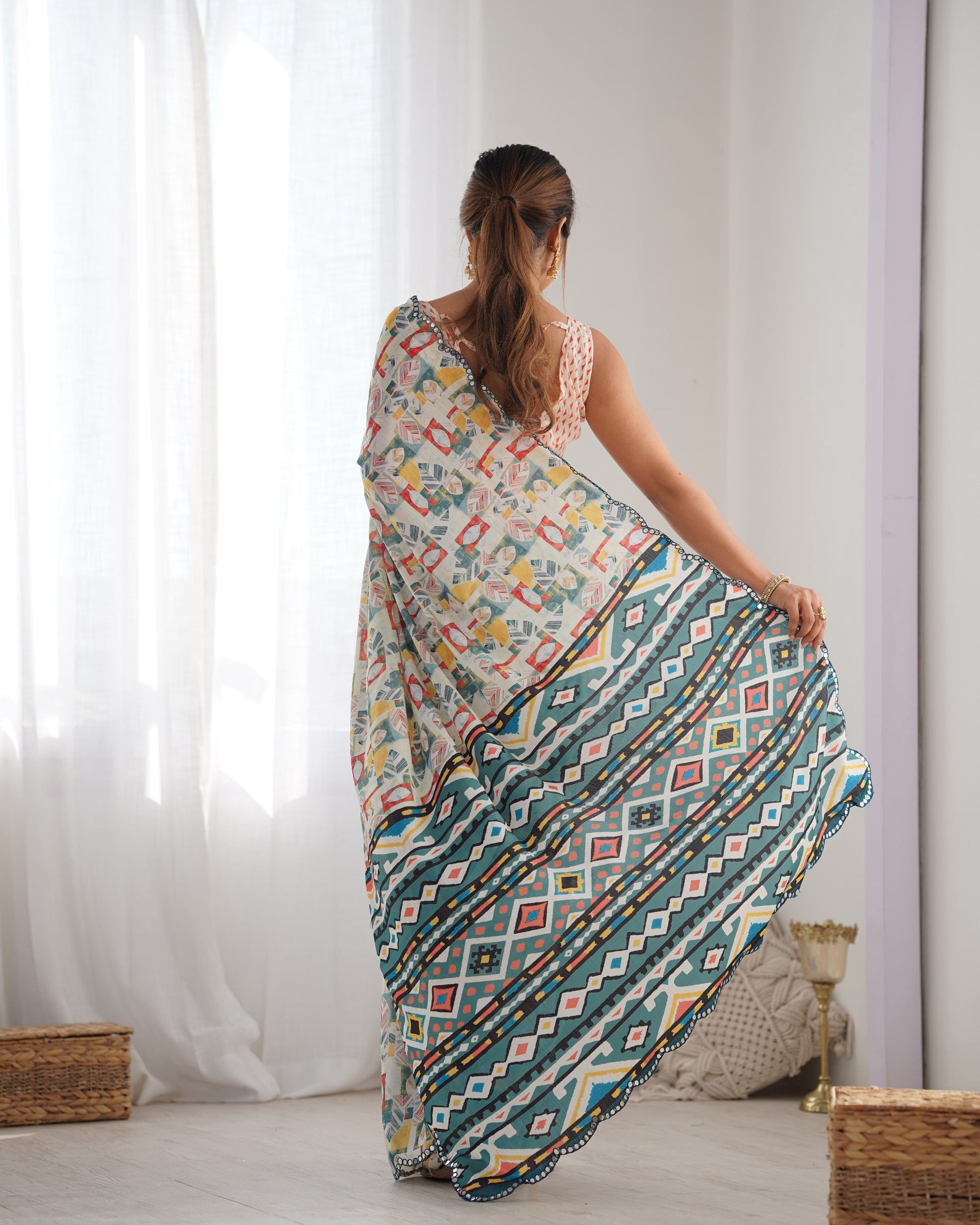 Jyoti Fashion Women's Multicolor Chinon Print with Mirror Work Designer Saree with Blouse | Swadesiicart