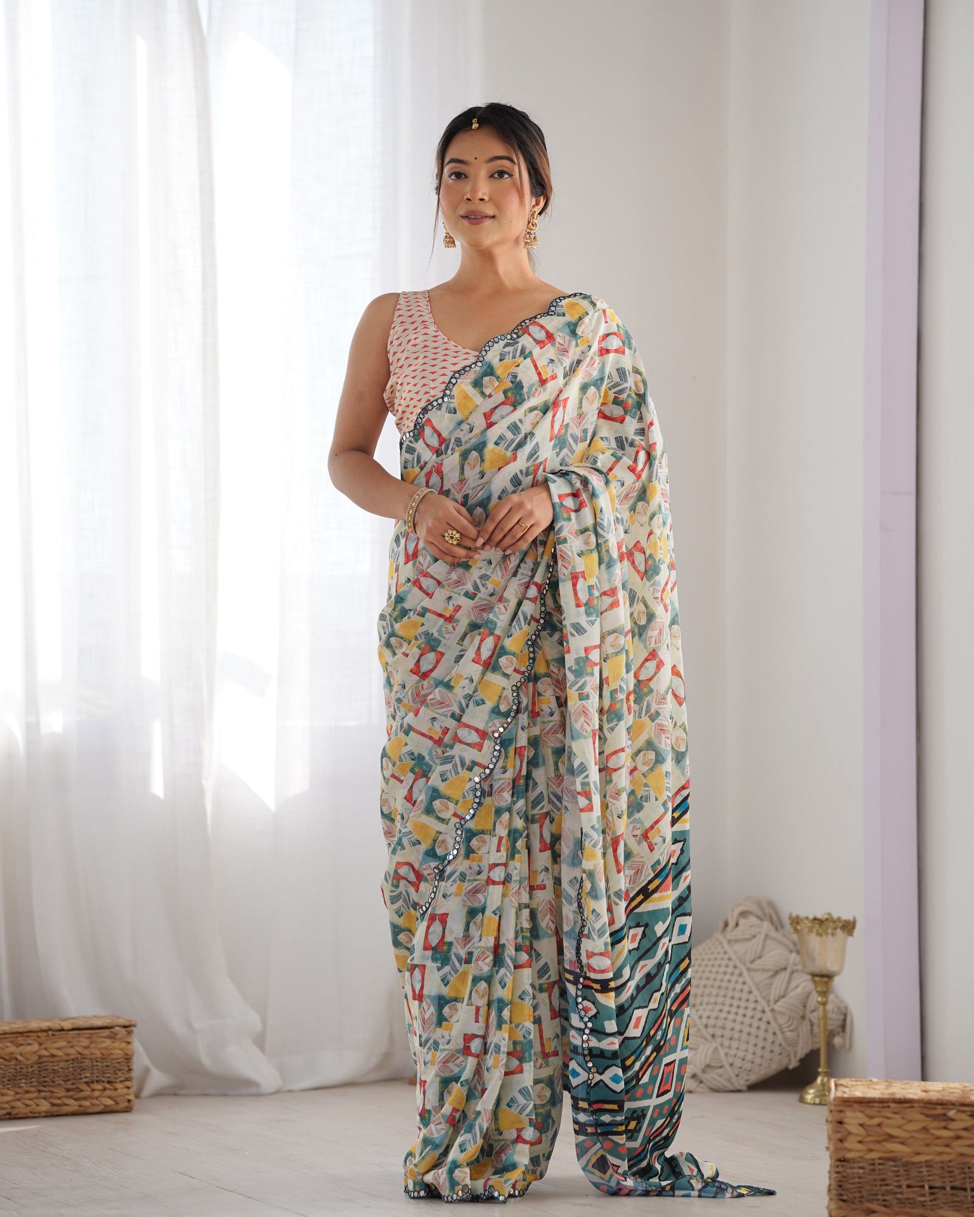 Jyoti Fashion Women's Multicolor Chinon Print with Mirror Work Designer Saree with Blouse | Swadesiicart