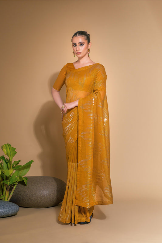 Jyoti Fashion Women's Mustard Georgette Sequins Embroidered Designer Saree with Blouse | Swadesiicart