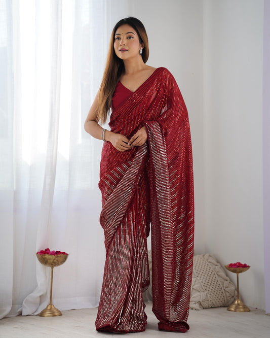 Jyoti Fashion Women's Maroon Georgette Sequins Designer Saree with Blouse | Swadesiicart